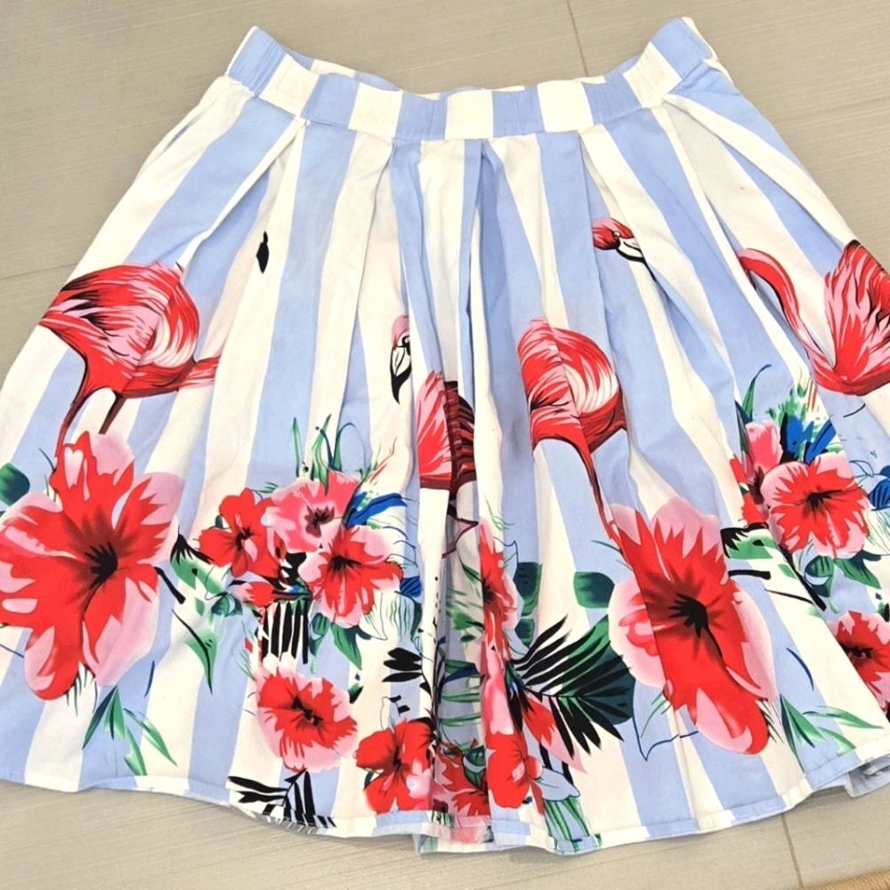 GRACE KARIN Flamingo Striped Pleated Circle Skirt in Blue/White/Pink Size M
